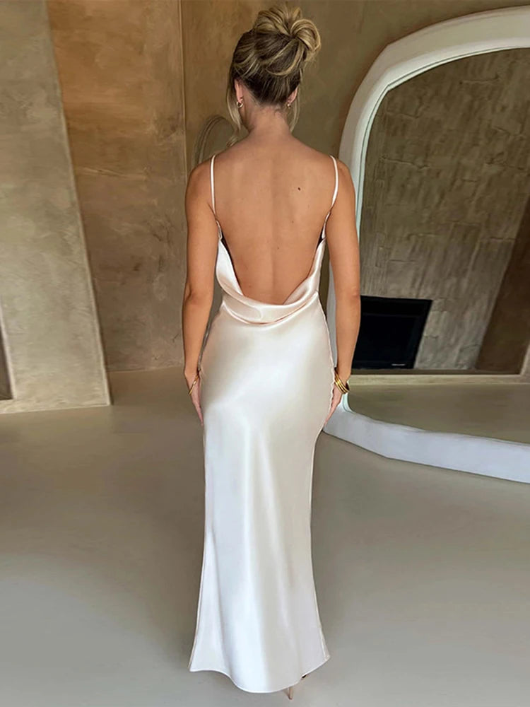 Dulzura Veter Backless Satijnen Band Maxi Jurk Voor Vrouwen Side Slit Bodycon Sexy Feest Elegante Verjaardag Avond Outfits Zomer