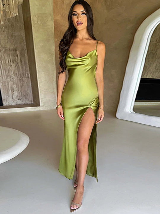 Dulzura Veter Backless Satijnen Band Maxi Jurk Voor Vrouwen Side Slit Bodycon Sexy Feest Elegante Verjaardag Avond Outfits Zomer