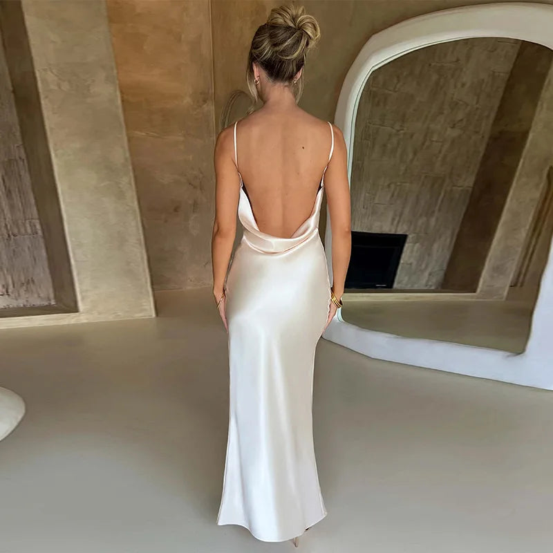 Dulzura Veter Backless Satijnen Band Maxi Jurk Voor Vrouwen Side Slit Bodycon Sexy Feest Elegante Verjaardag Avond Outfits Zomer