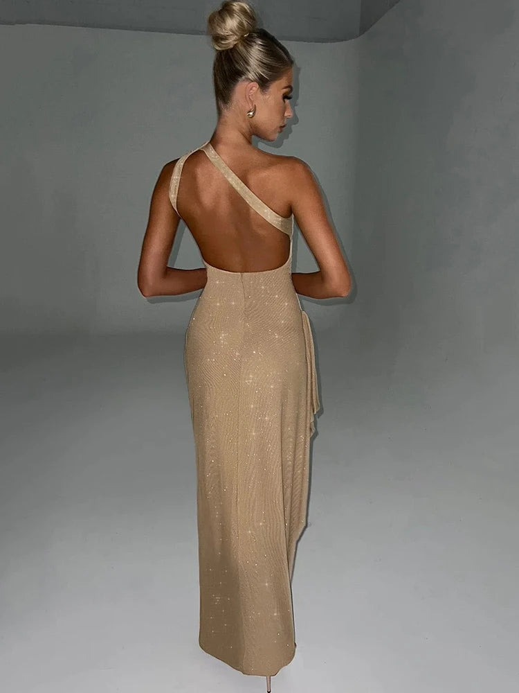 Articat Fashion New One Shoulder High Split Dress Vrouwen Bodycon Glanzende Backless Elegante Avondjurk Vrouwelijke Charmante Feestclub